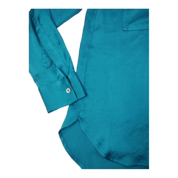 DKNY peacock colored Sz XS button up blouse Roll Up Long Sleeve Silky Feeling - Picture 8 of 15